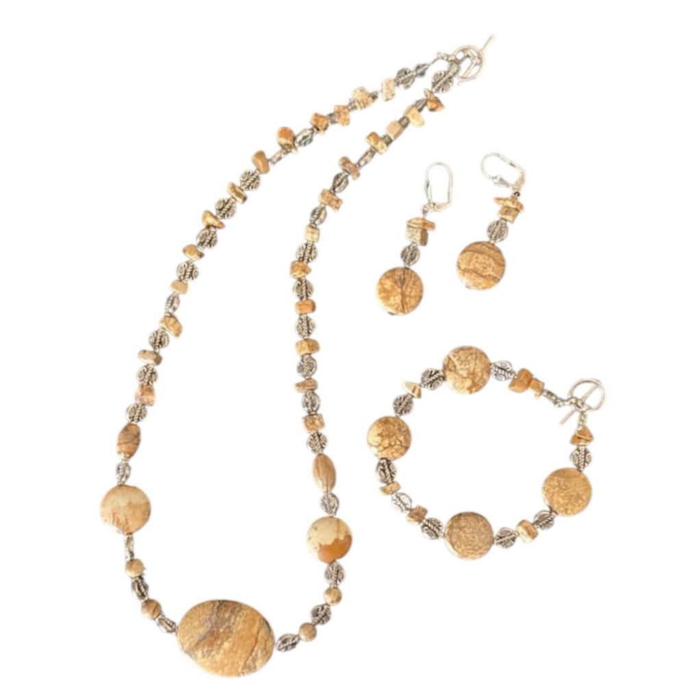 Silver Wire Wrapped Stone Pendant Necklace Bracelet & Earrings Set Handmade